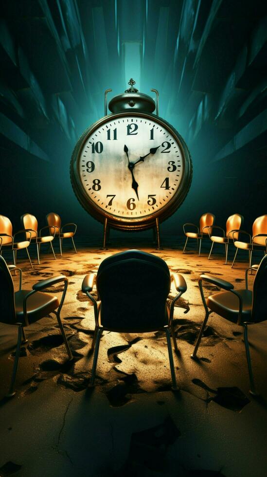 chaises rencontrer l'horloge un illustratif le rendu crée une unique et intrigant visuel récit. verticale mobile fond d'écran ai généré photo