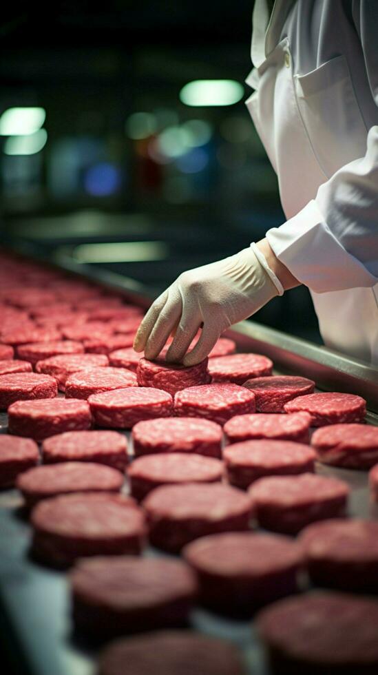 Hamburger galettes prendre forme en dessous de le qualifié mains de dévoué bouchers En traitement verticale mobile fond d'écran ai généré photo