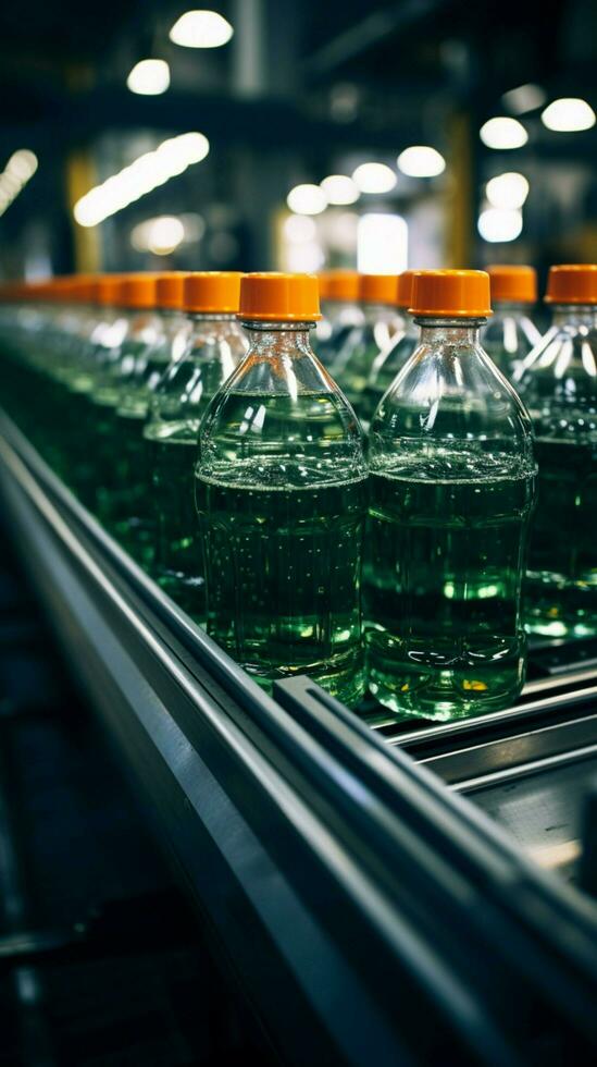 intérieur de boisson usine, avec bouteilles de jus et l'eau en mouvement sur convoyeur verticale mobile fond d'écran ai généré photo