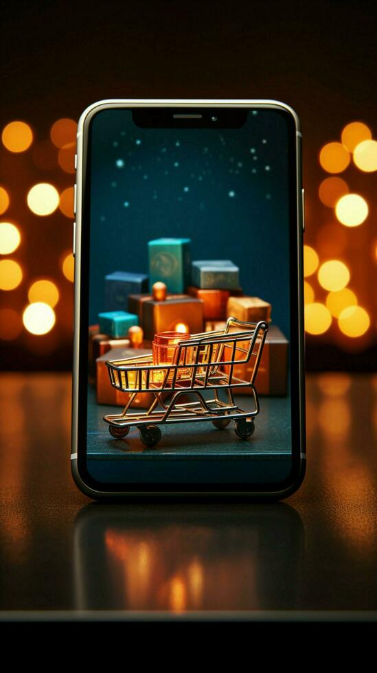 mobile marchés fusionné en ligne achats icône sur intelligent téléphone hérauts global Commerce verticale mobile fond d'écran ai généré photo