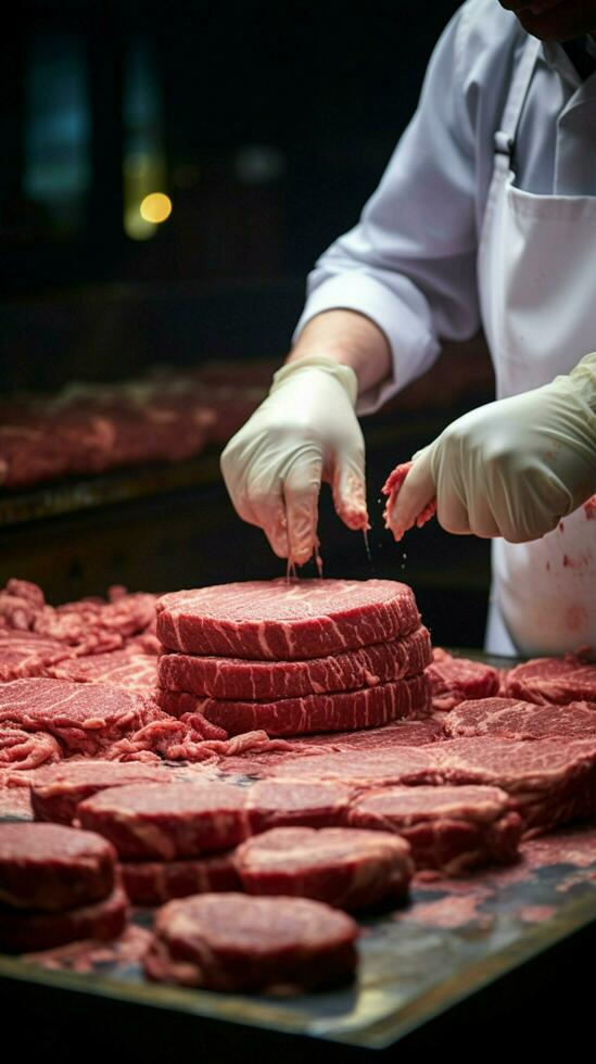 le art de boucherie se déroule comme qualifié mains processus savoureux Hamburger galettes verticale mobile fond d'écran ai généré photo