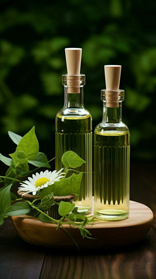 Naturel trio en bois peigne, verre bouteille, et feuille harmoniser sur une grand vert toile de fond verticale mobile fond d'écran ai généré photo