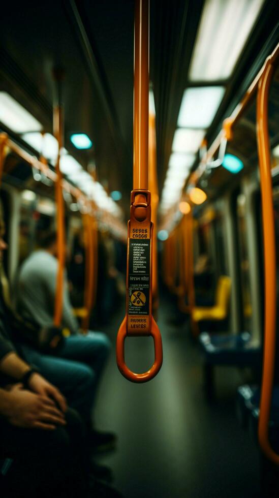 sécurise poignée sur métro flou main poignées sangle, mise en évidence sécurité dans Publique transport. verticale mobile fond d'écran ai généré photo