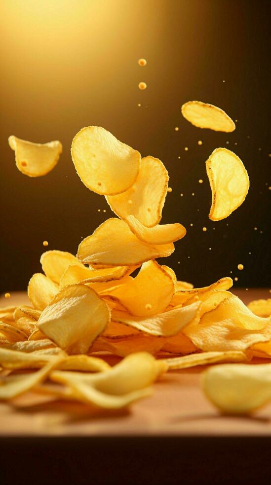 vite nourriture la magie Patate frites léviter contre Jaune toile de fond, un enchanteur culinaire processus verticale mobile fond d'écran ai généré photo