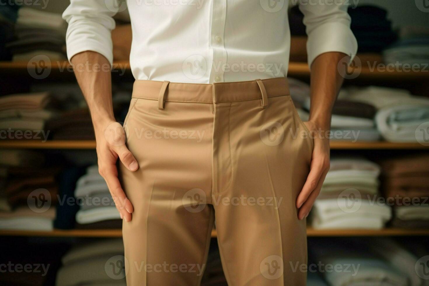 main en portant une élégant paire de lumière marron beige pantalon ai généré photo