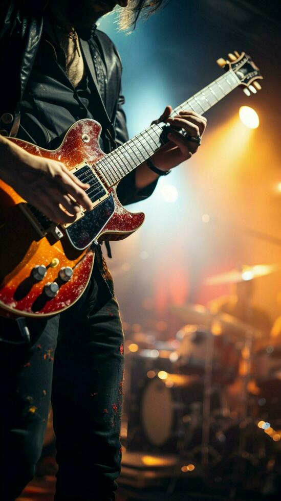 une guitariste des stands en dehors sur organiser, avec une doucement flou Contexte amplifier. verticale mobile fond d'écran ai généré photo