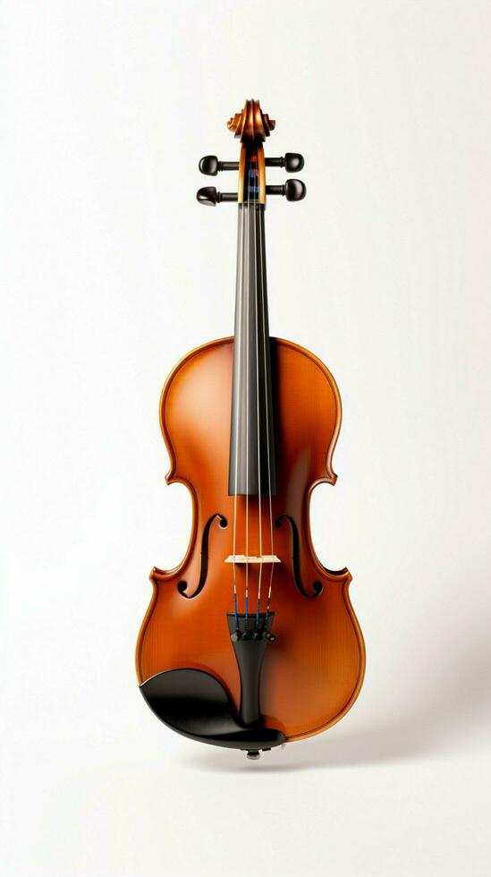 une violon et ses arc élégamment contraste contre une parfait blanc Contexte. verticale mobile fond d'écran ai généré photo