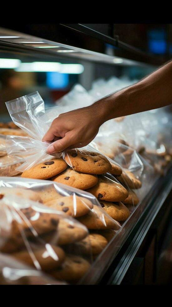 mans proche en haut action sécuriser biscuits à l'intérieur une Plastique sac pendant épicerie achats verticale mobile fond d'écran ai généré photo