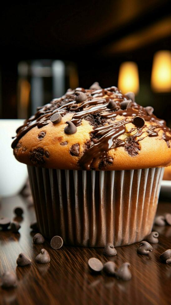 l'eau à la bouche Chocolat puce muffin, une délectable traiter pour votre goût bourgeons verticale mobile fond d'écran ai généré photo