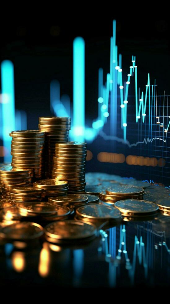 3d bleu la finance graphique sur pièce de monnaie Contexte symbolise Succès dans Stock marché verticale mobile fond d'écran ai généré photo