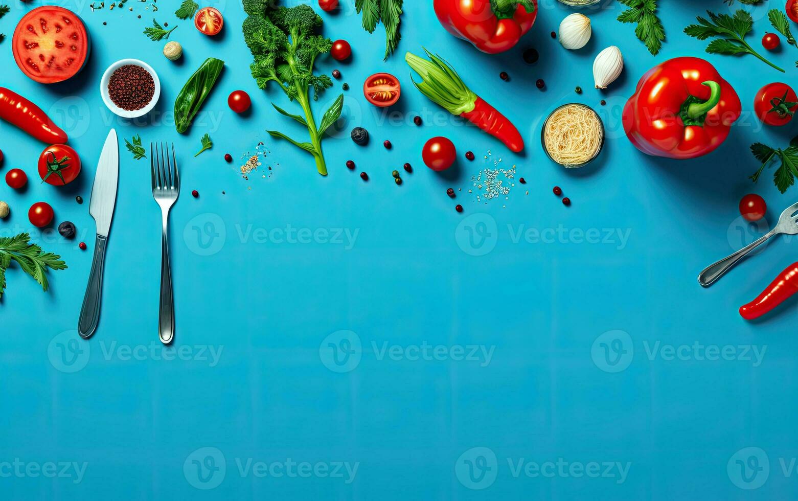 Frais des légumes et épices sur bleu Contexte. Haut vue avec copie espace. ai généré. photo