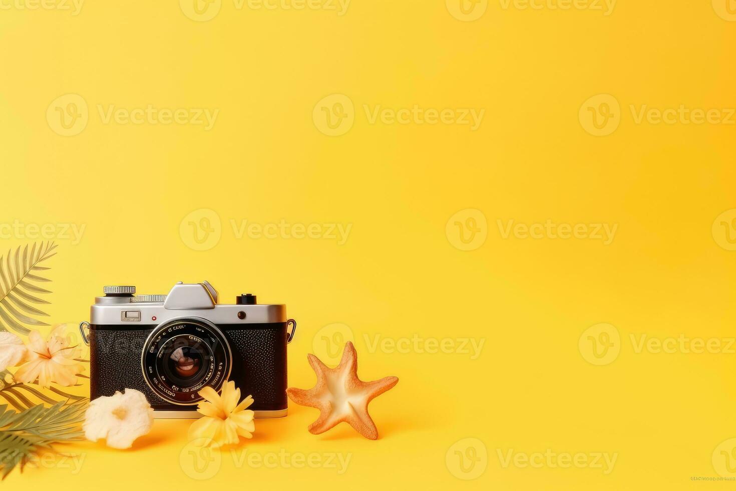 rétro caméra et fleur sur Jaune Contexte avec copie espace pour texte. ai généré. photo