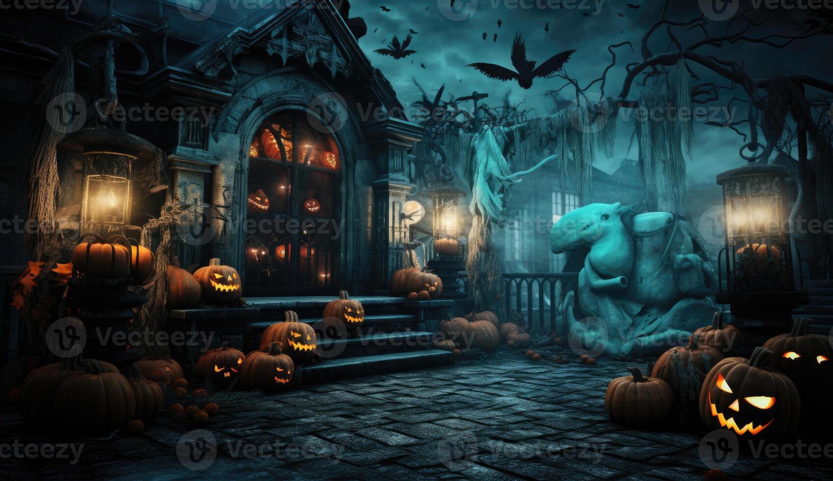 Halloween Contexte avec citrouilles, chauves-souris et hanté maison. 3d le rendu. ai généré. photo