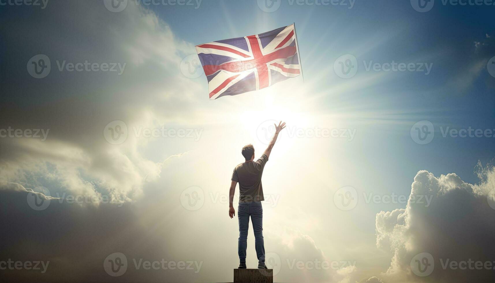 Jeune homme agitant uni Royaume drapeau contre bleu ciel avec rayons de soleil. ai généré. photo