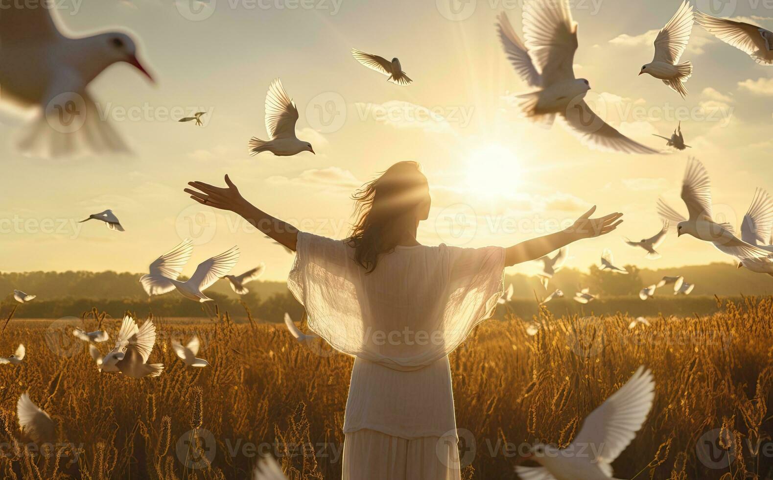 magnifique Jeune femme dans blanc robe sur blé champ avec en volant des oiseaux à le coucher du soleil. ai généré. photo