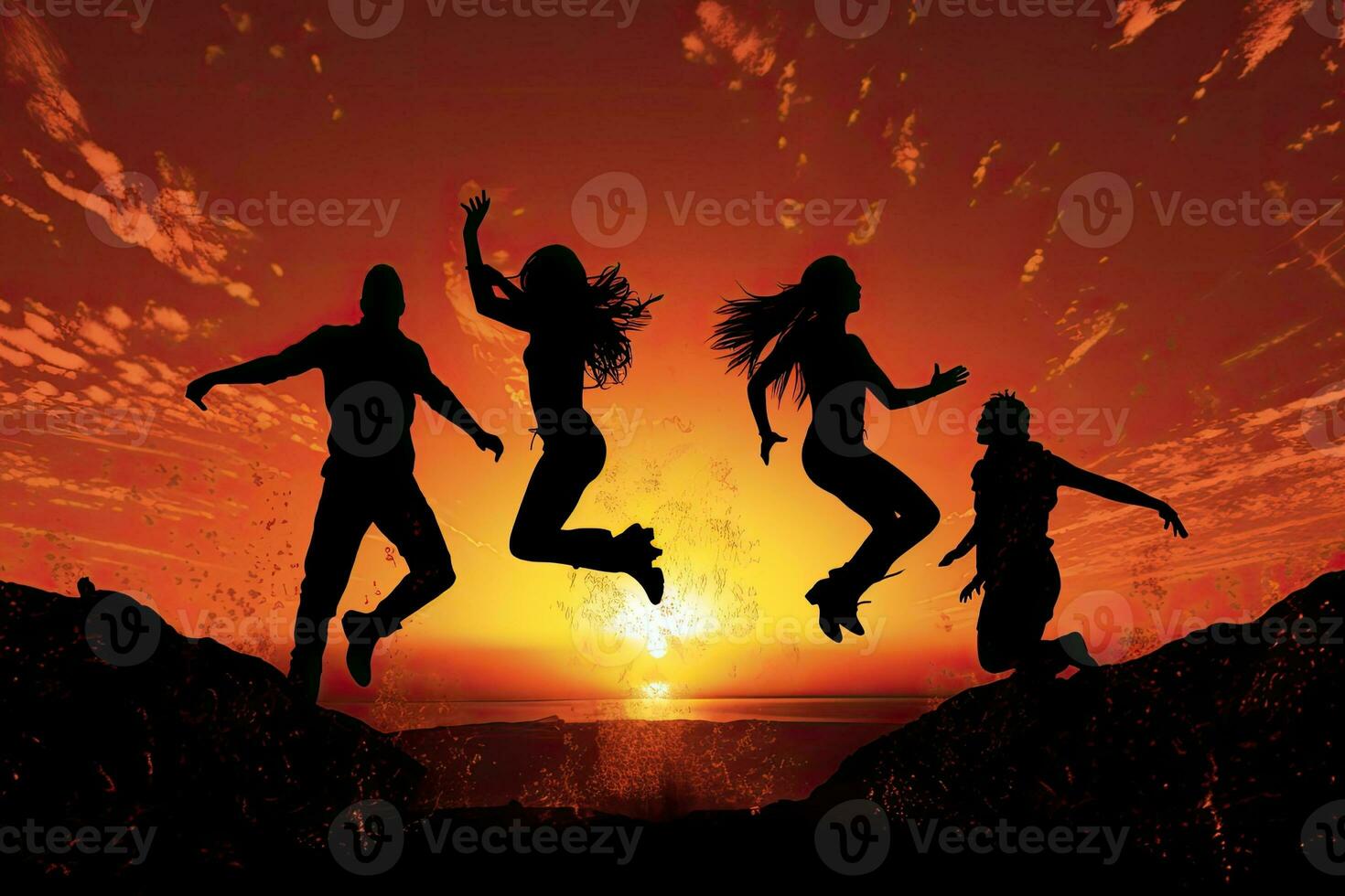 silhouette de une groupe de gens sauter dans le air à le coucher du soleil. ai généré. photo