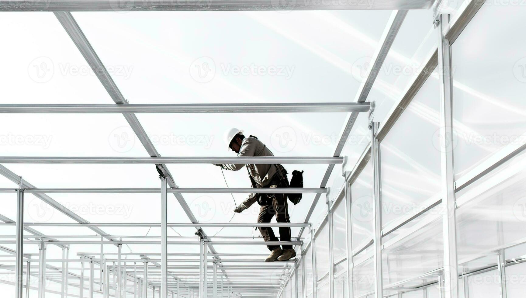 faible angle vue de Jeune homme dans casque et des lunettes de protection travail sur construction placer. ai généré. photo