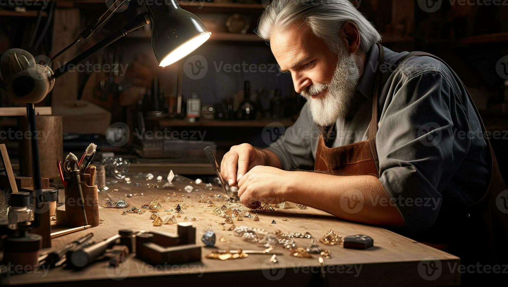 bijoutier travail avec précieux des pierres à le sien Table de travail dans le sien atelier. ai généré. photo