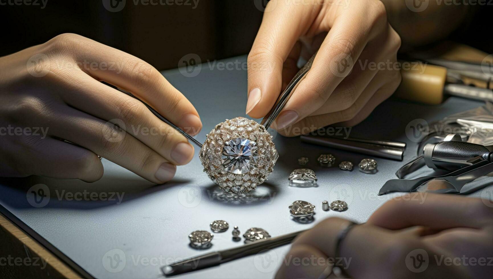 bijoutier travail sur une bague dans une bijouterie atelier. ai généré. photo