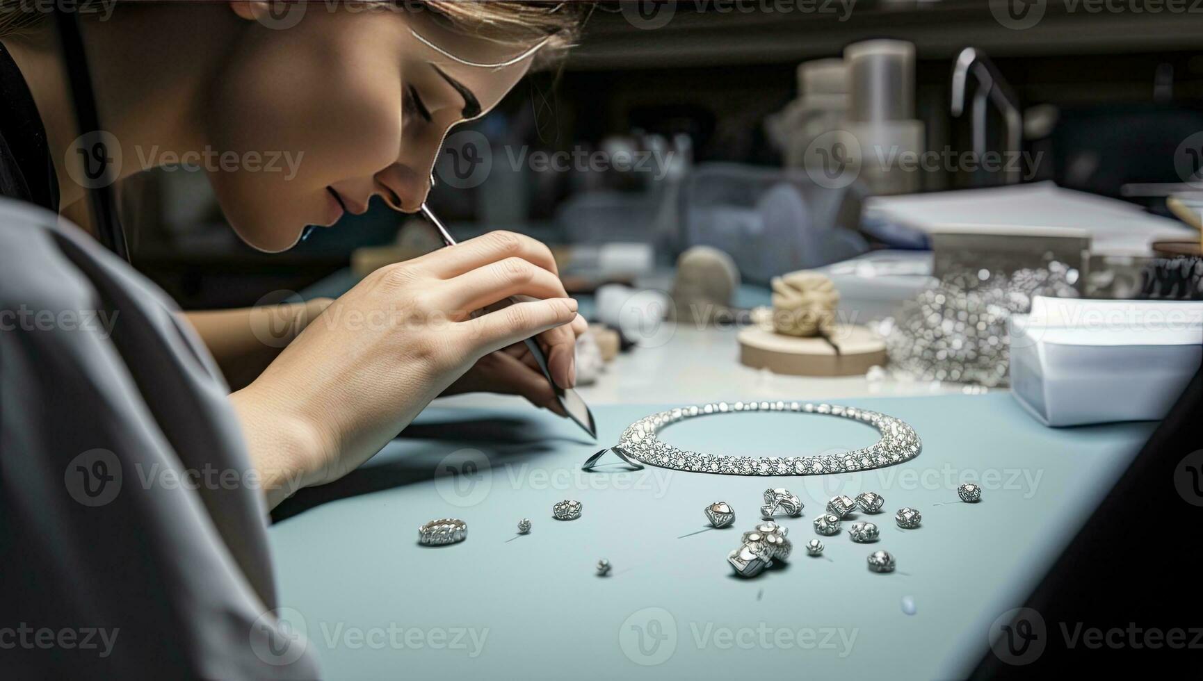 bijoutier travail dans sa atelier, fabrication bijoux bracelets. ai généré. photo