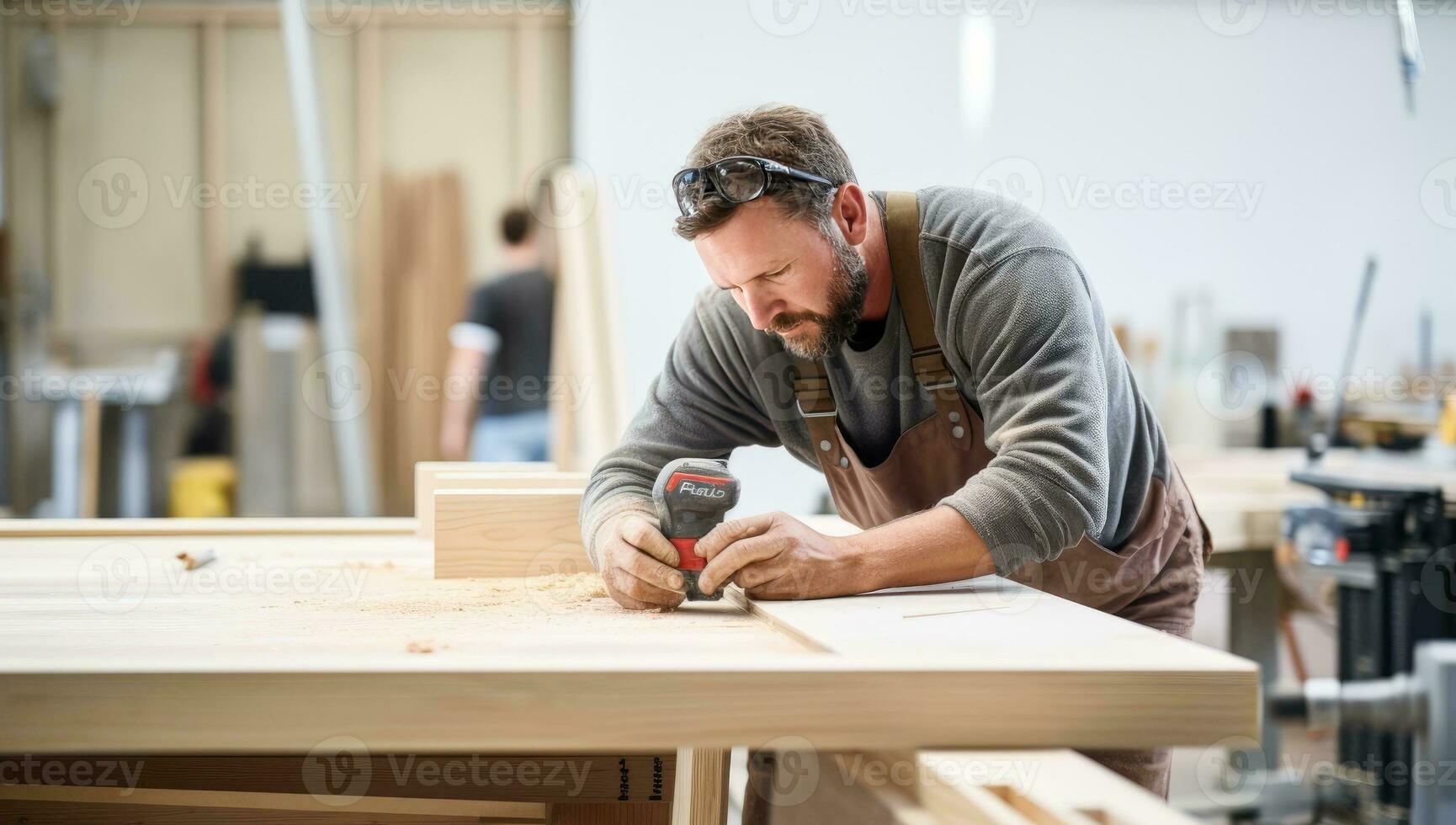 Charpentier travail sur le sien artisanat dans une charpenterie atelier. ai généré. photo