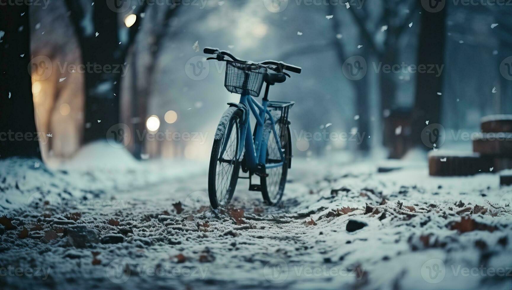 vélo dans le hiver parc à nuit avec chute neige. chute de neige. ai généré. photo