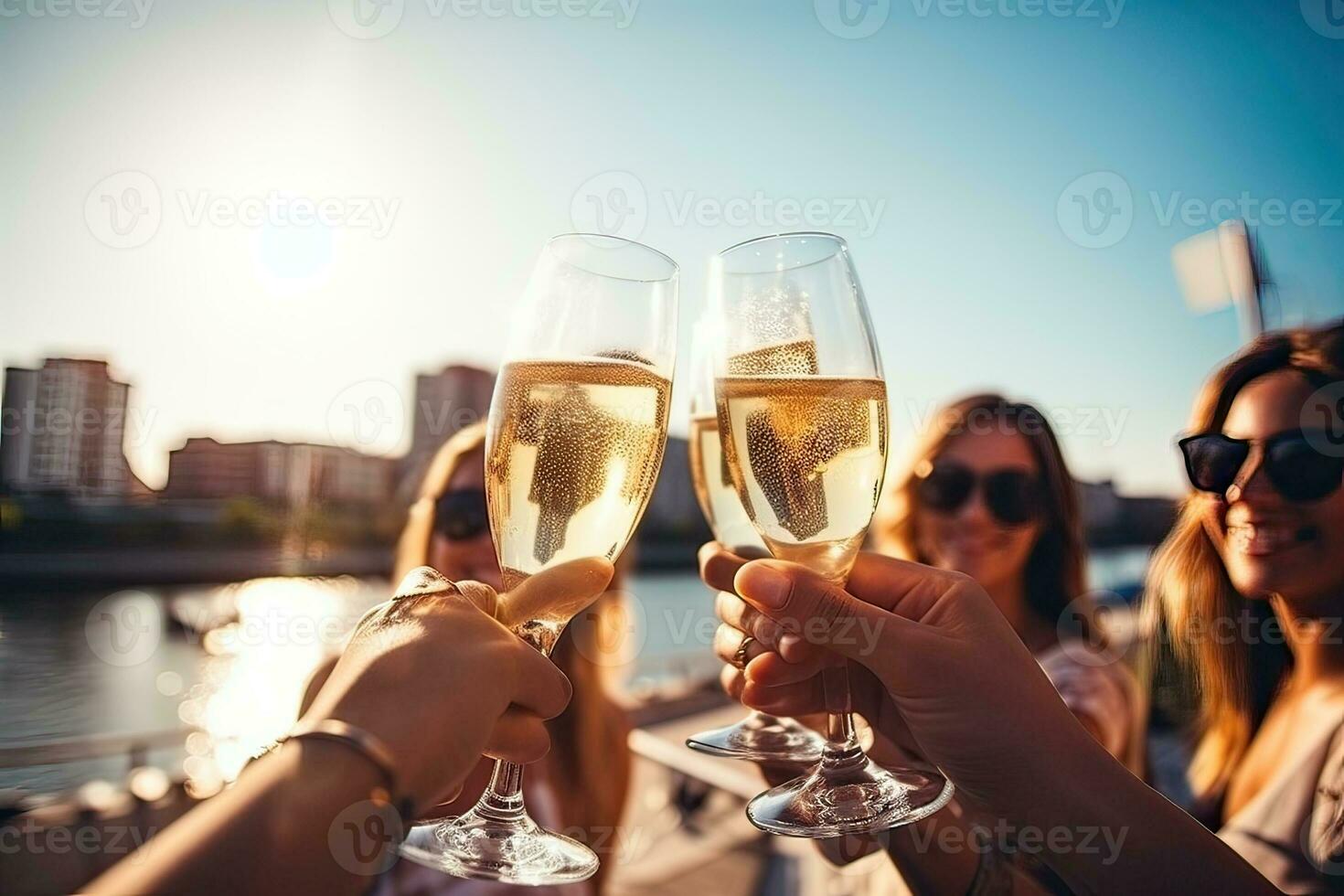 groupe de copains grillage Champagne des lunettes sur le au bord de la rivière dans été. ai généré. photo