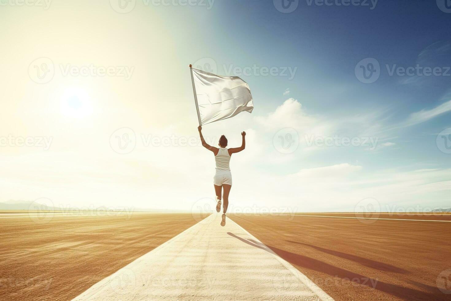 Jeune femme en portant une blanc drapeau et sauter sur le route avec lumière du soleil. ai généré. photo