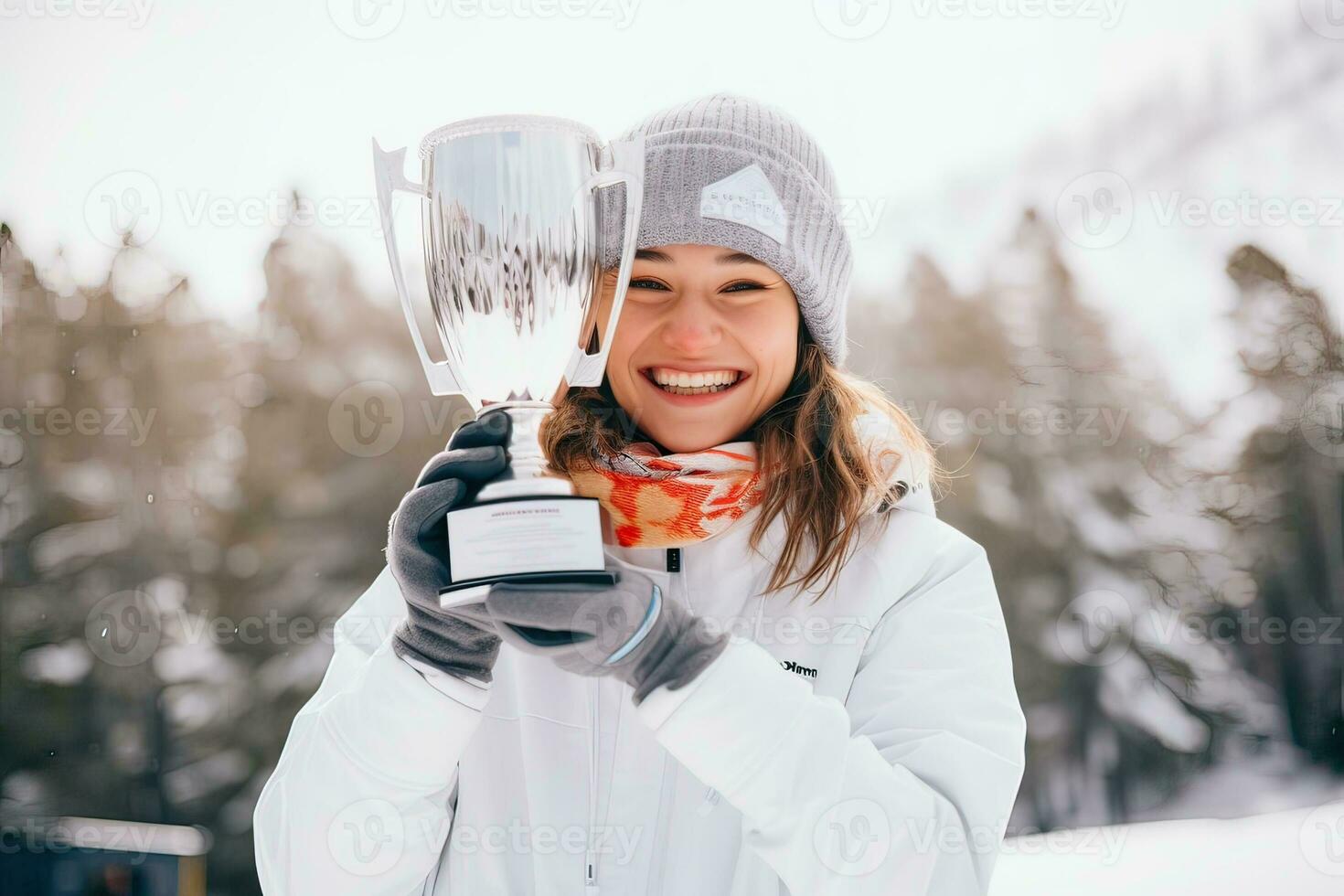 portrait de une souriant femme en portant une trophée tasse dans le neige. ai généré. photo