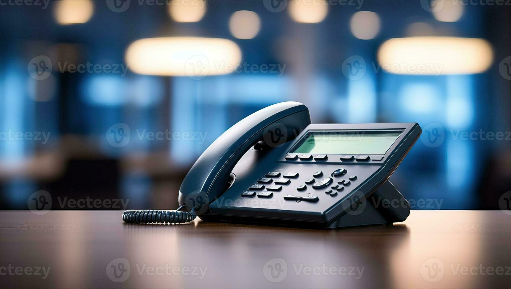 proche en haut de une Téléphone sur une bureau dans une moderne bureau. ai généré. photo