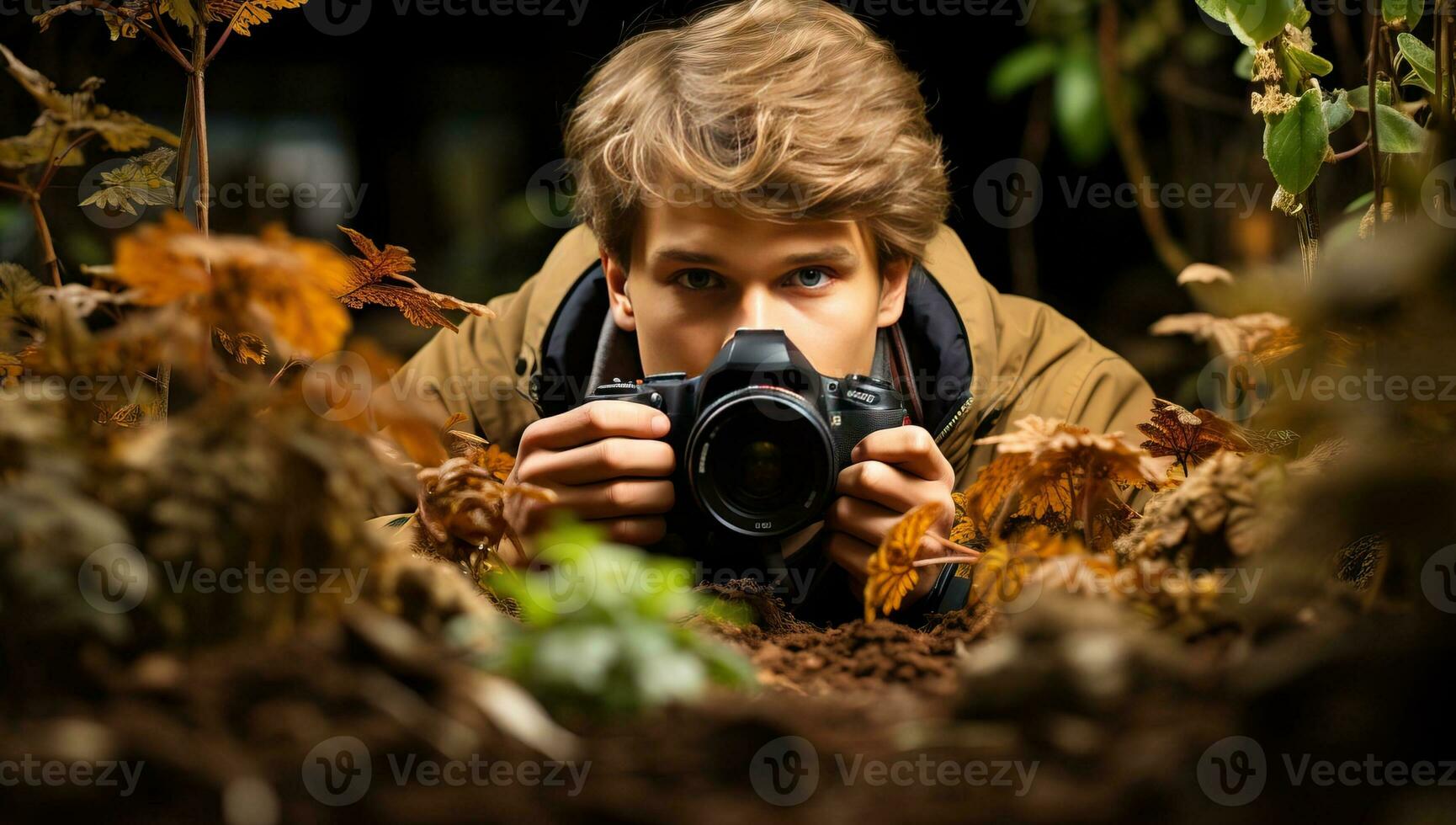 Jeune garçon avec une caméra dans le l'automne forêt. ai généré. photo