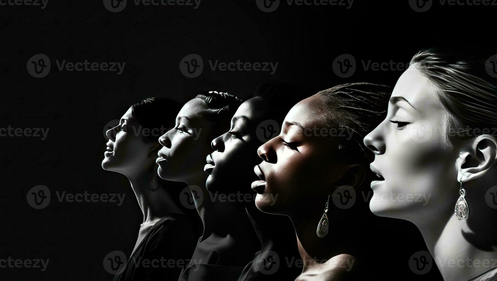 groupe de magnifique femmes dans noir et blanc sur noir arrière-plan, côté voir. ai généré. photo