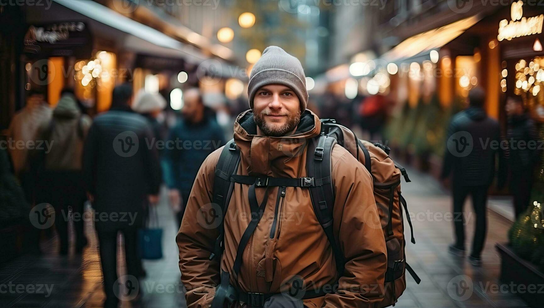 portrait de une Jeune homme avec sac à dos en marchant dans le ville. ai généré. photo