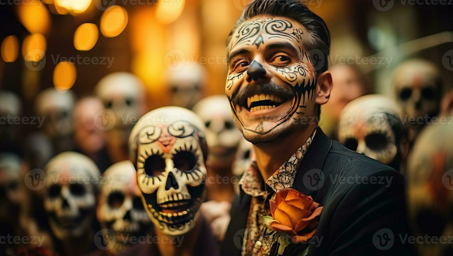 mexicain homme avec sucre crâne maquillage dans le ville. journée de le mort. ai généré. photo