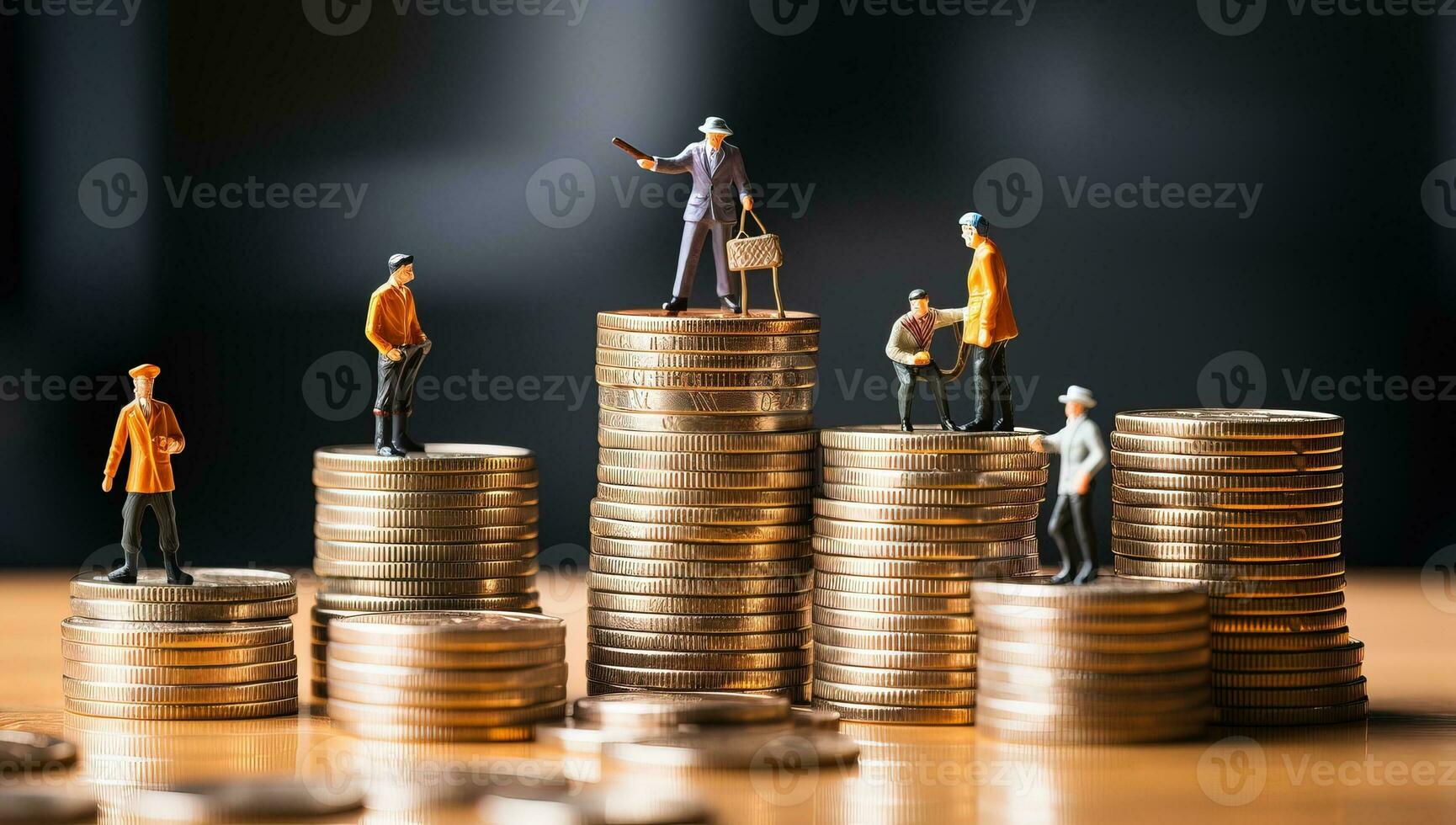 miniature personnes. ouvrier équipe permanent sur empiler de pièces de monnaie, affaires et la finance concept. ai généré. photo