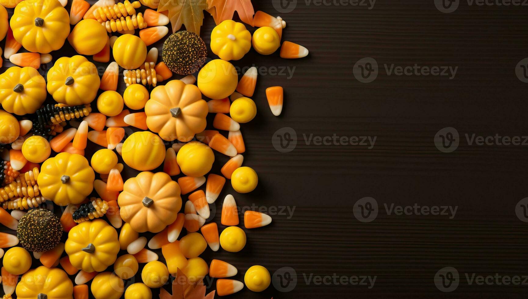 Halloween Contexte avec citrouilles en bois tableau, Haut voir. ai généré. photo