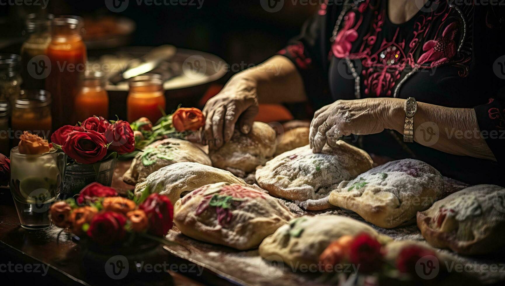 personnes âgées femme fabrication une traditionnel pain dans sa Accueil cuisine. ai généré. photo