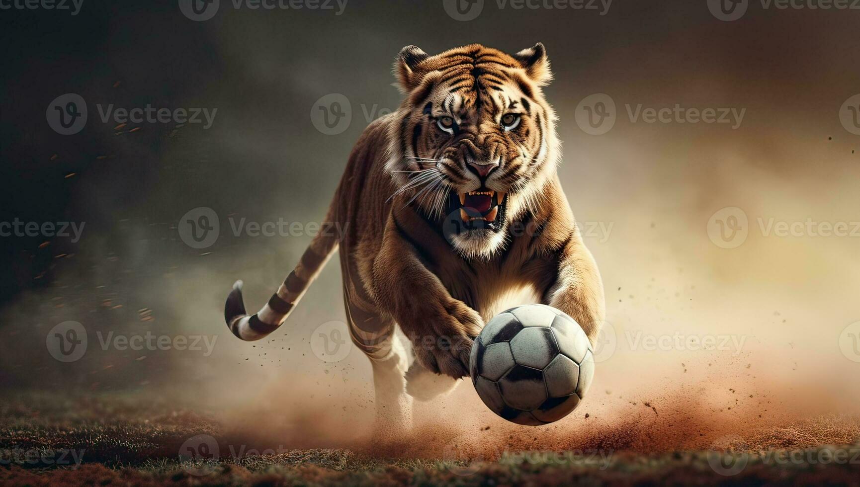 tigre fonctionnement avec football Balle dans action. ai généré. photo