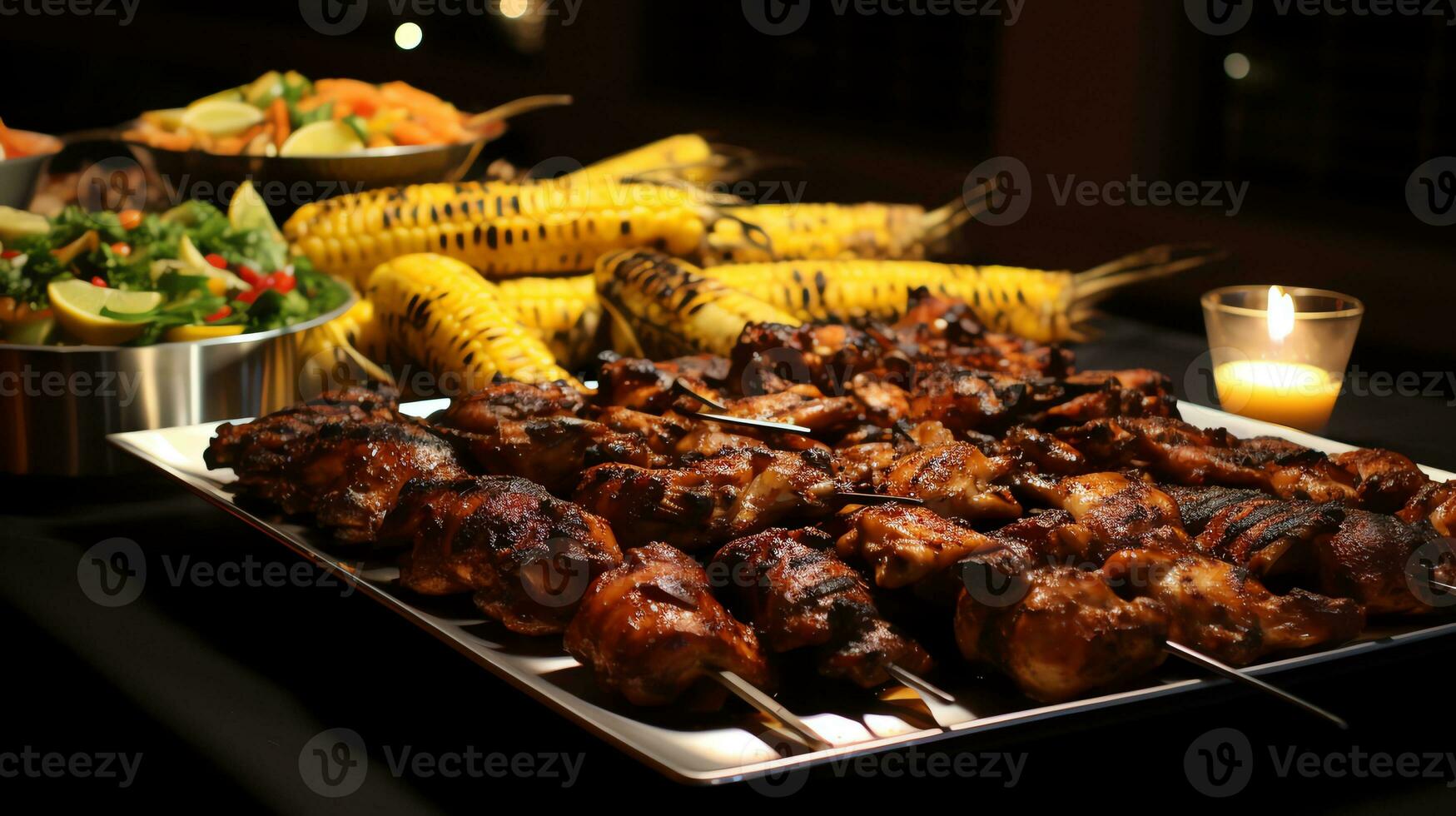 une table plein de nourriture et les boissons ai génératif photo