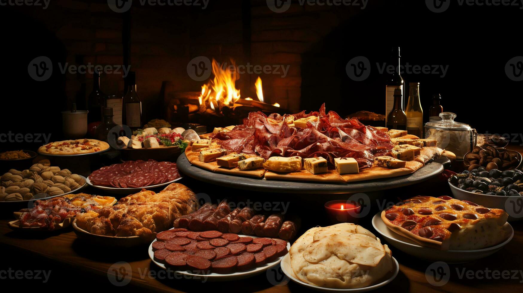 une table plein de nourriture et les boissons ai génératif photo