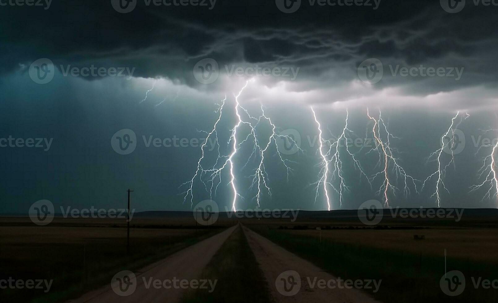 réaliste paysage illustration pendant orage avec foudre. ai généré photo