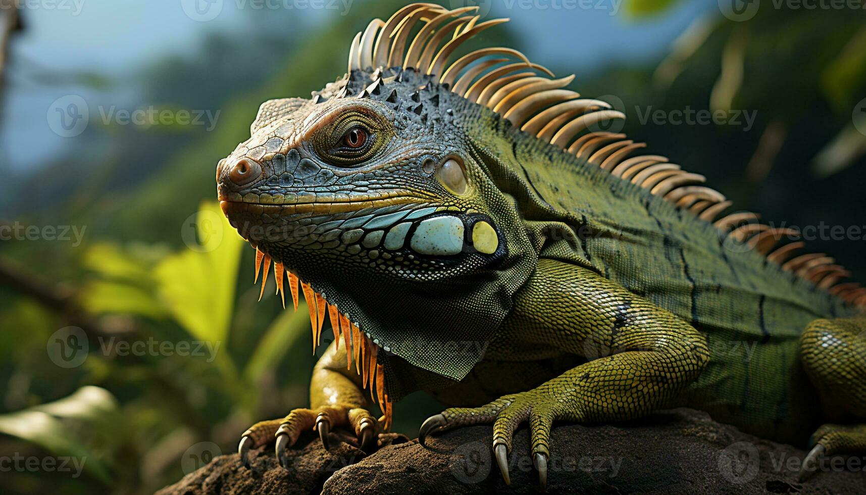 une vert iguane, une reptile dans le tropical forêt tropicale généré par ai photo