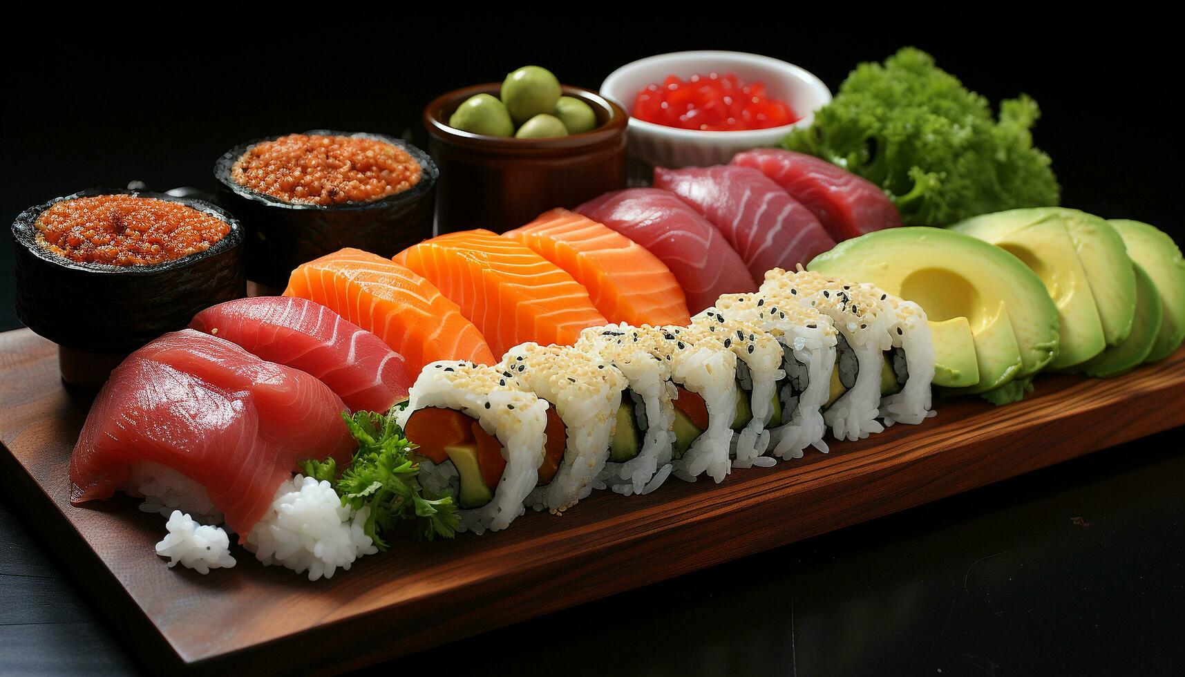 fraîcheur sur une assiette fruit de mer, sashimis, maki Sushi, roulé en haut généré par ai photo