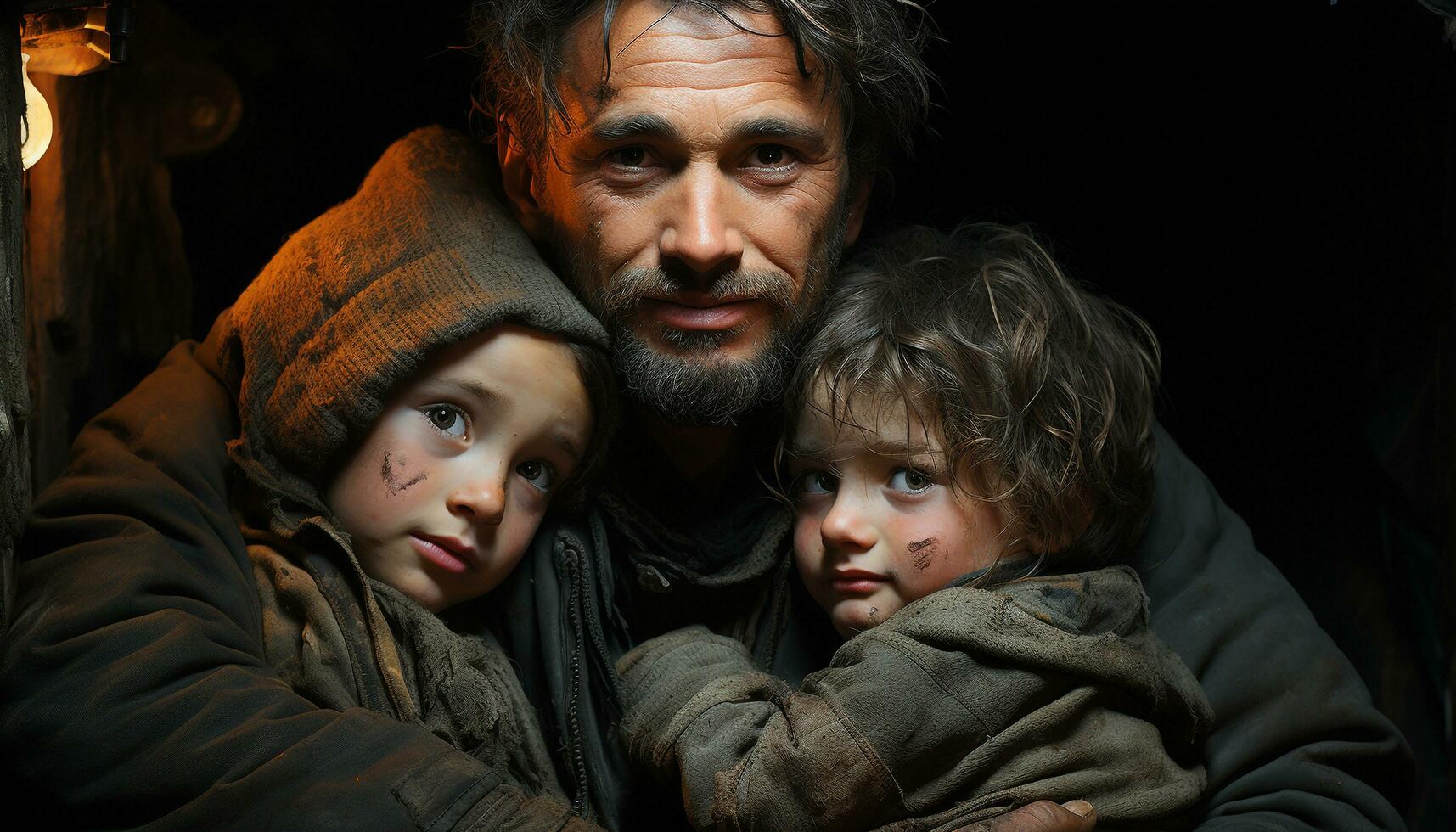 une aimant père et fils, embrasser, souriant, création joyeux souvenirs généré par ai photo