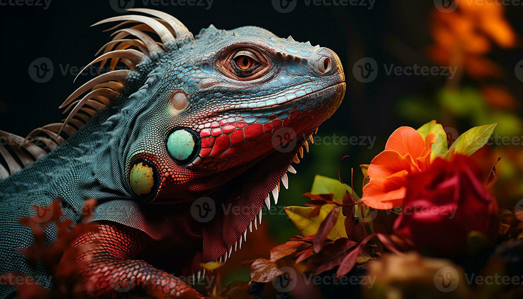 une magnifique vert lézard dans le tropical forêt tropicale, à la recherche effrayant généré par ai photo