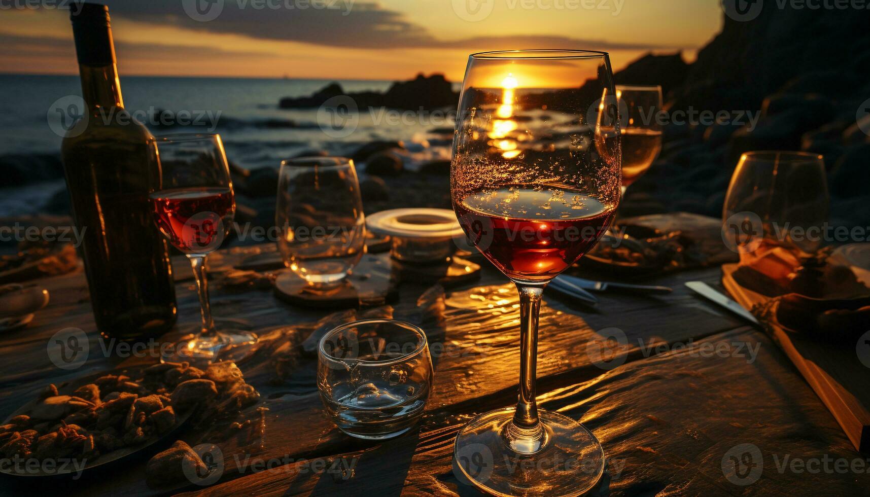 alcool, vin, boire, en buvant verre, tableau, verre de vin, coucher de soleil, fête, bouteille, bar généré par ai photo