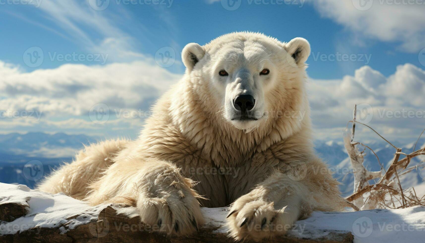 duveteux chien dans hiver, séance sur neige, à la recherche à caméra généré par ai photo