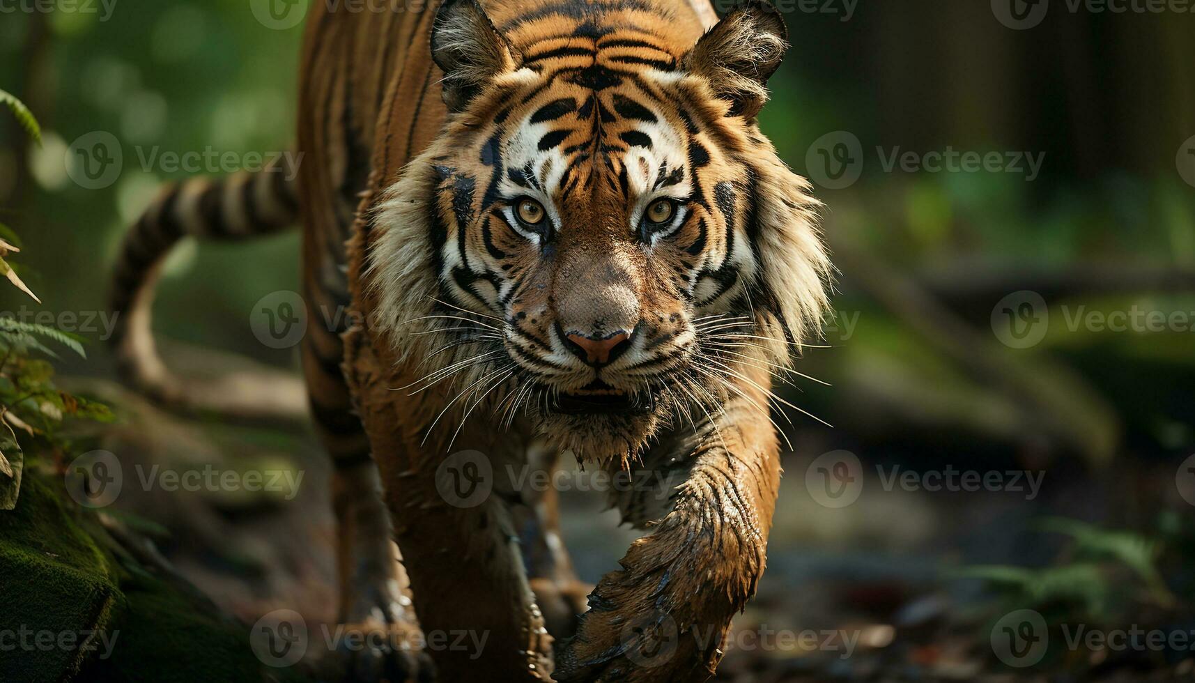 majestueux Bengale tigre en marchant dans le sauvage, regarder avec agression généré par ai photo