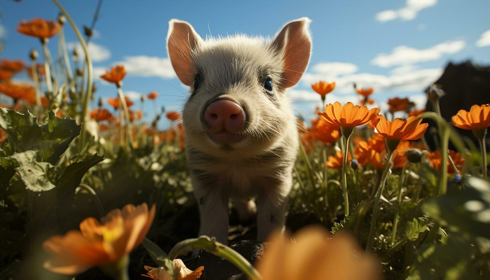 mignonne porcelet pâturage dans une vert prairie, entouré par marguerites généré par ai photo