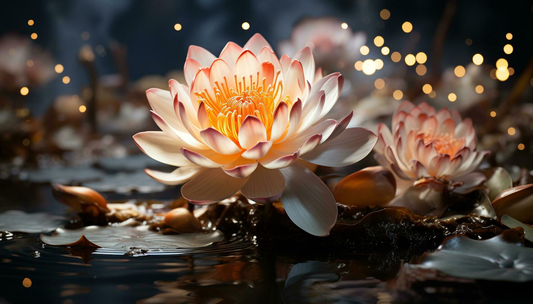 une tranquille scène de une lotus l'eau lis dans une étang généré par ai photo